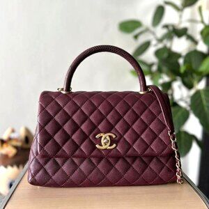 Authentic CHANEL Caviar Lizard Embossed Quilted Small Coco Handle Flap Burgundy